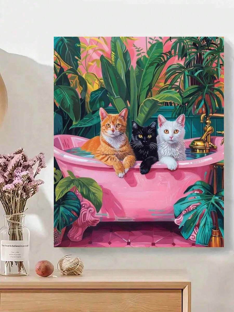 1套DIY数字油画套装 - 沐浴小猫，精心绘制的油画，展现您的个性，选择一幅画作来装饰您的空间，选择合适的画作。用色彩装点您的生活，展现您的个性。立即开启您的艺术之旅。40*50厘米