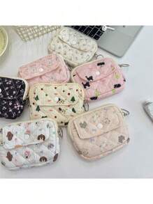 1pc Kawaii Quilted Flower Print Coin Purse With Bunny/Bowknot/Little Bear Pattern,Multifunctional Card Holder, Ins Style Korean Coin Purse Digital Bag Storage Bag.Portable And Stylish-Makeup Bag Portable Travel Toiletry Bag