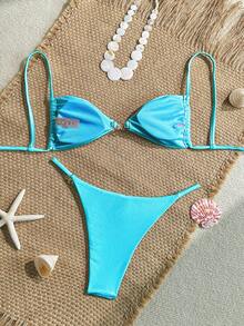 女士性感比基尼两件套，配有亮面配饰和特殊面料 - 湖藍色 - 查看 2