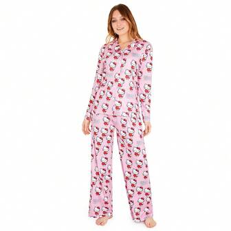 Hello Kitty Pyjama Long Classic Button Down PJ Soft Breathable Kawaii Nightwear Loungewear Comfy Jammies Sleepwear Anime Gift