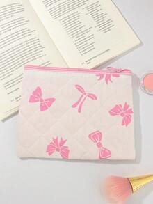 1Piece Large Capacity Floral Cosmetic Bag With Pink Zipper Portabel Quilted Floral Handheld Cosmetic Bag Makeup Bag Bowknot Pattern Travel Skin Care Storage Bag Dourable Cherry Pattern Cosmetic Pouch Make Up Organizer Toiletry Bag - Multicolor - View 11