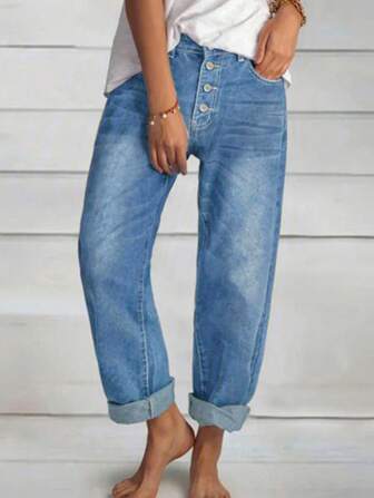 女士前口袋纽扣直筒牛仔裤
