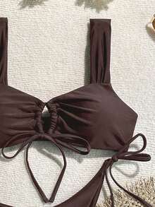女士时尚比基尼套装，性感沙滩基本款系带时尚女士夏季海滩度假泳装 - 咖啡棕 - 查看 4