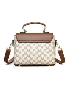 复古简约印花斜挎包，可调节 PU 肩带，翻盖开合