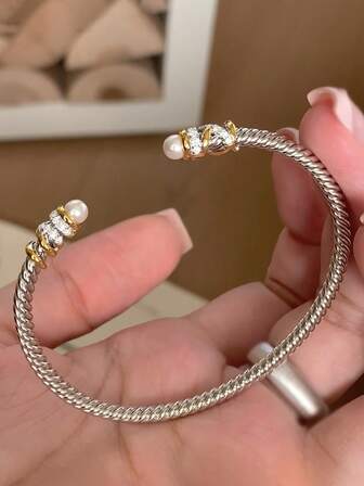 1pc Unique Pearl & Braided Rhinestone Inlaid Bracelet, Delicate Luxury Moonlit Design, Suitable For Women's Daily, Holiday, Party, Mother's Day Gift