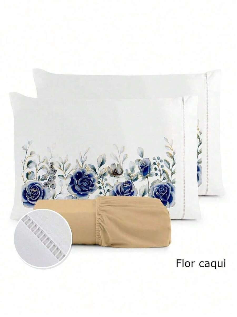3-Piece Sheet Set 400 Thread Count For Queen King Single Bed Micropercal - HAZELNUT KHAKI FLOWER - View 1