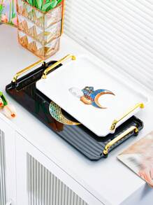 1 pièce Plateau de service en plastique thème céleste avec design de phare et de lune - idéal pour placer le thé, les desserts et les amuse-gueules dans la cuisine, la salle à manger ou le salon - parfait pour les mariages, les anniversaires et les cadeaux, plateau décoratif, vaisselle unique, traiteur, fêtes