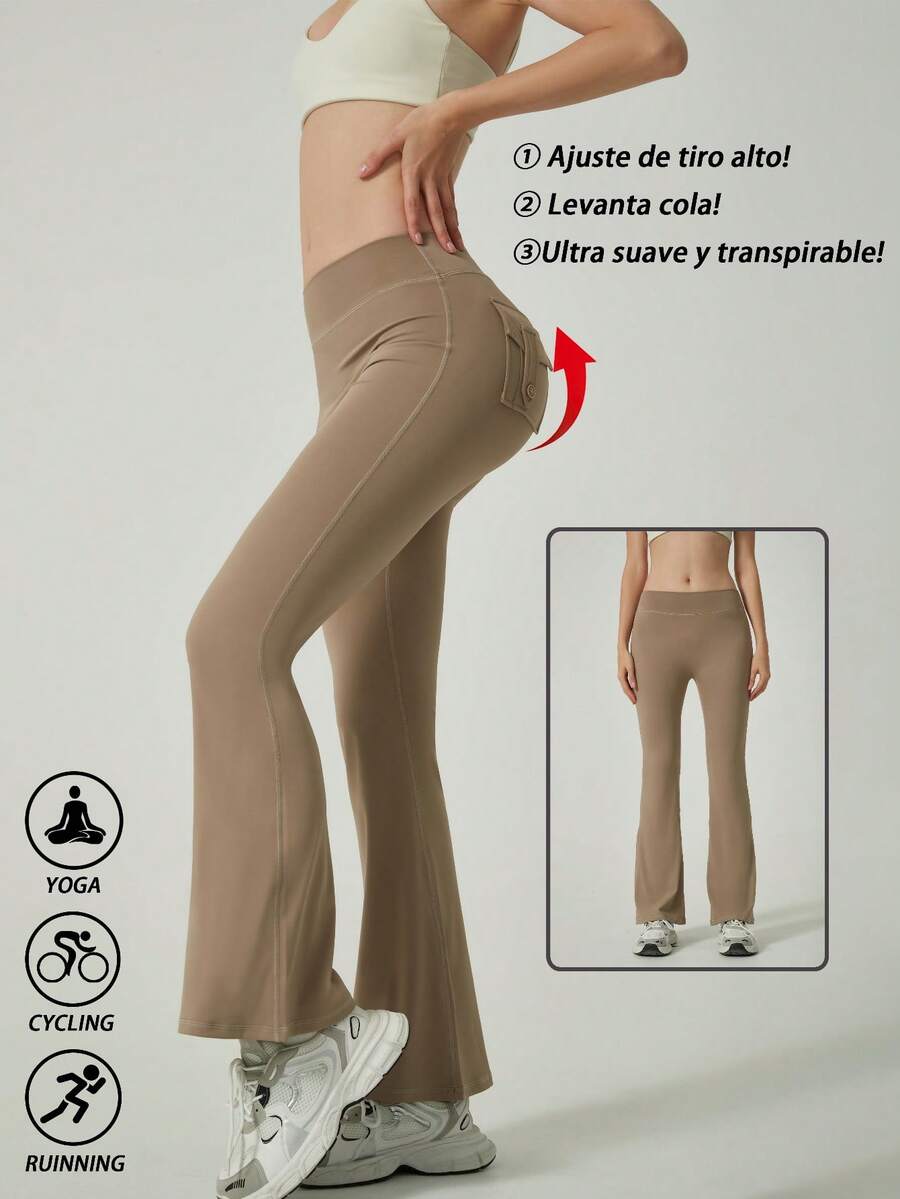 Leggings Acampanados Mujer - Cintura Alta, Scrunch Butt Push-Up, Bolsillos, Yoga & Gym, Transpirable y Elástico - Caqui - Ver 1