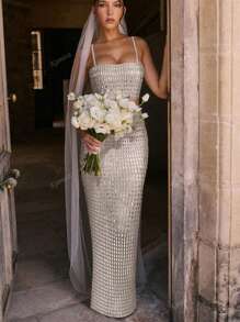 2 peças Conjunto de Vestido Elegante de Mulher com Alças Finas, Fenda Sexy e Brilho de Strass, Perfeito para Coquetel, Banquete, Vestido de Gala