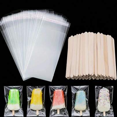 200个/套冰淇淋冰棒袋，带自粘密封，100根木棍+100个透明塑料冰棒袋，用于DIY冷冻零食、糖果和饼干的储存、烘焙工具和厨房用品，适用于生日派对、婚礼礼物、节日和夏季礼物，颜色和款式随机