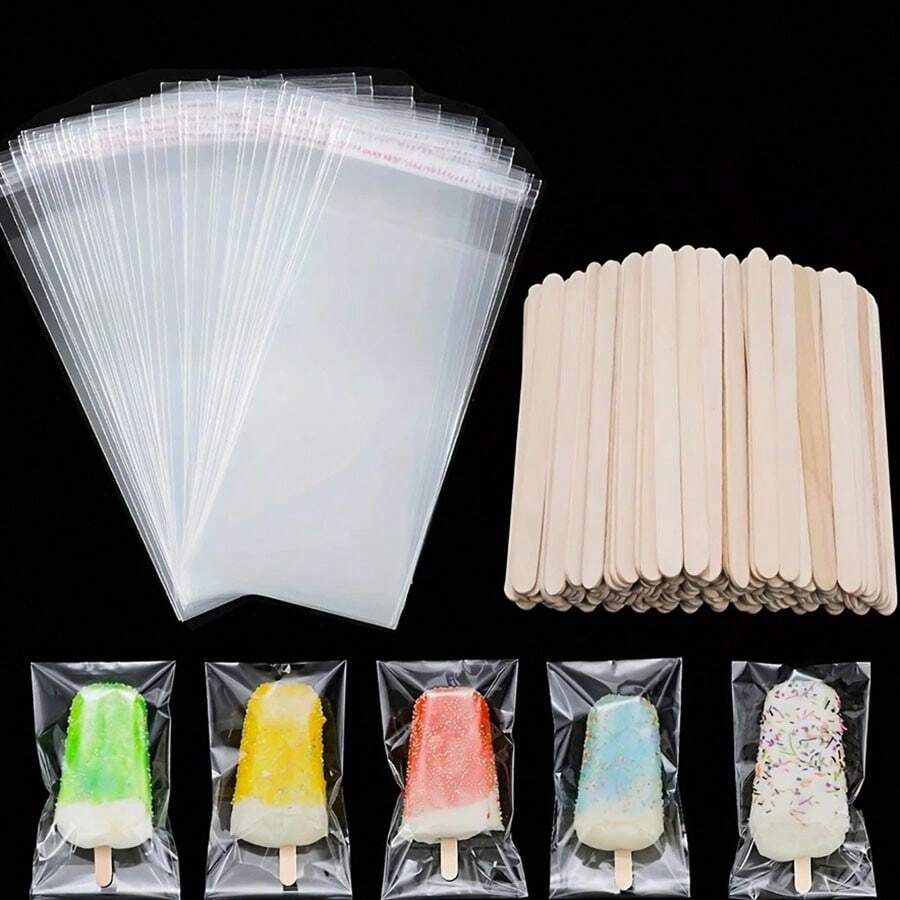 200个/套冰淇淋冰棒袋，带自粘密封，100根木棍+100个透明塑料冰棒袋，用于DIY冷冻零食、糖果和饼干的储存、烘焙工具和厨房用品，适用于生日派对、婚礼礼物、节日和夏季礼物，颜色和款式随机 - 彩色 - 查看 1