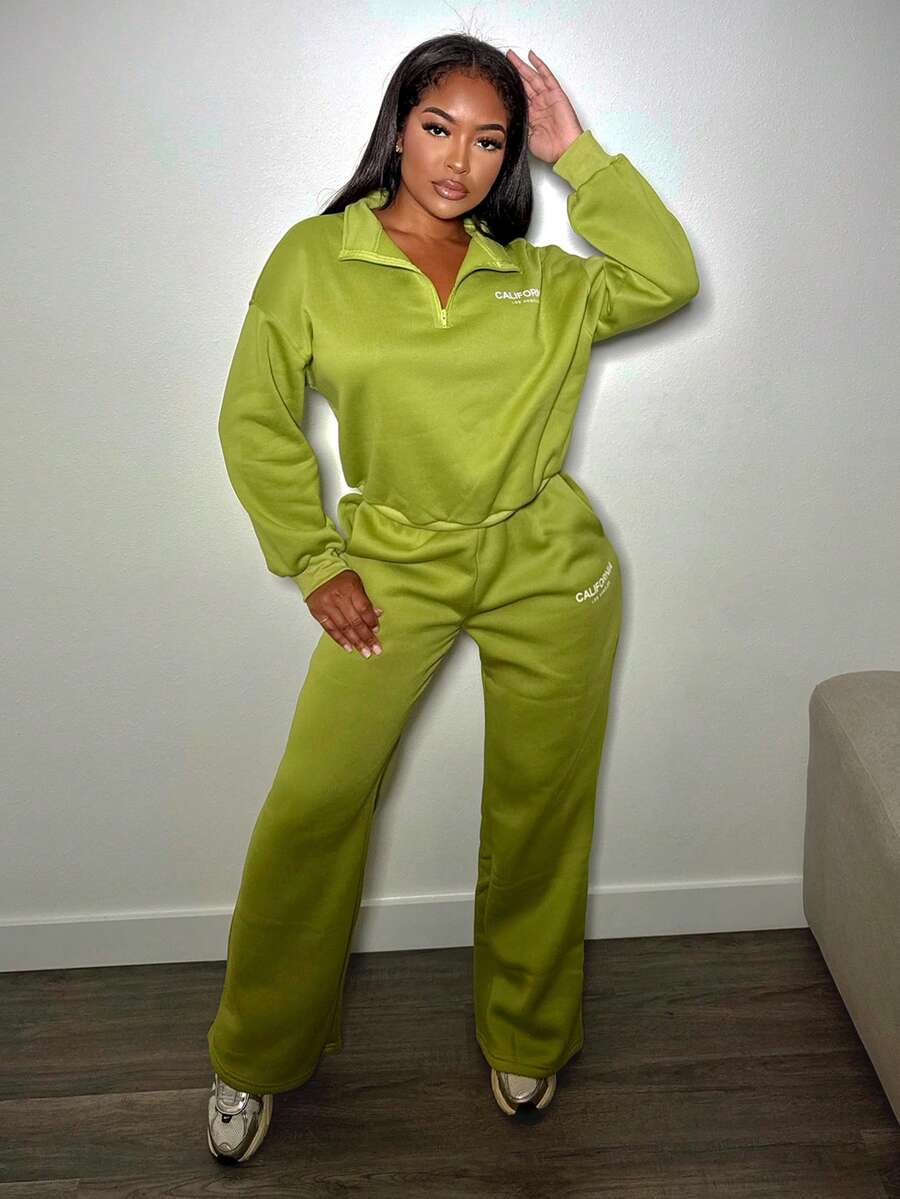 Alexandranx 新款休闲运动高领半拉链宽松落肩长袖运动衫直筒阔腿裤绿色运动衫保暖内衬套装英文印花女式两件套-M - 綠色 - 查看 1