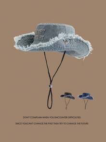 1pc Unisex Vintage Distressed Embroidered Letter Brim Drawstring Washed Bucket Hat, Suitable For Travel, Beach, Outdoor Activities, Casual Wear - Multicolor - View 8