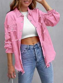 Chaqueta vaquera de botones lavada con agua para mujeres, chaqueta vaquera con bolsillo volcado, manga larga suelta y relajada, chaqueta retro, chaqueta de moda de otoño - Rosa - Ver 6