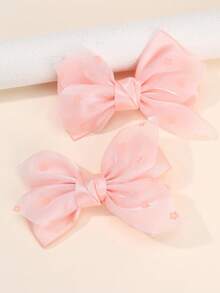 2pcs Pink Mesh Hair Bows For Girls Flower Pattern Ribbon Bow Hair Clips Sweet Princess Alligator Clips Hairpins Daily Barrettes Kids Baby Hair Accessories - Pink - View 6