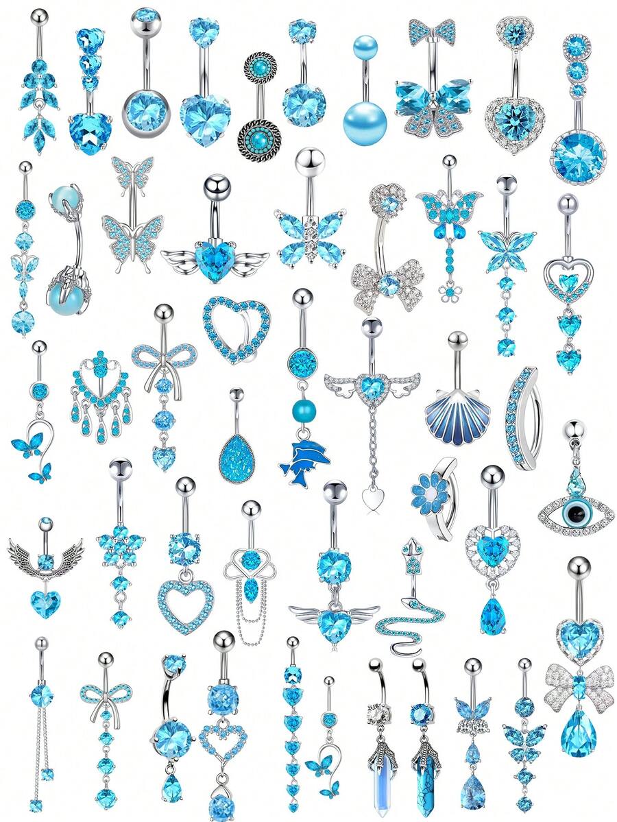 女士不锈钢防过敏 14G 肚脐穿孔饰品 - 心形 CZ 吊坠肚脐环，蓝色 - 彩色 - 查看 1
