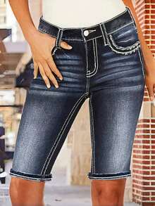 Pantaloni scurți din denim pentru femei, model brodat, confortabili, versatili și elastici, din denim pentru femei - Spălare întunecată - Vizualizare 2