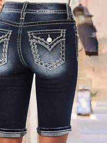 Pantaloni scurți din denim pentru femei, model brodat, confortabili, versatili și elastici, din denim pentru femei - Spălare întunecată - Vizualizare 5