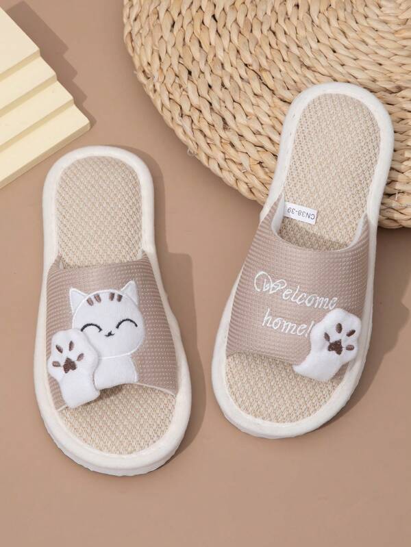 New Women's Open-Toe Linen Slippers, Cartoon Embroidered Lucky Cat Fashion Cute EVA (Ethylene-Vinyl Acetate Copolymer) Animal Embroidered Slide Sandals, Open Toe Comfortable House Slippers