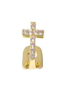 1 set de bijoux en forme de croix et de dent en zircone cubique, surface lisse, cadeau unisexe hip-hop, accessoire de décoration de fête et de club réglable, avec instructions d'assemblage de l'attachement pour la dent