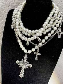 1 套多层人造珍珠串珠项链，独特特殊设计颈链，男女时尚毛衣链