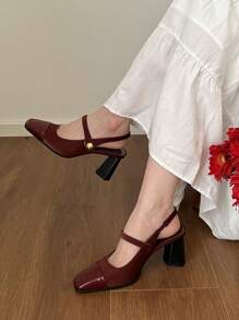 Spring New Vintage Square Toe French Style High Heel Sandals, 2025 Summer New Sexy Elegant Mary Jane Shoes, Chunky Heel Backless Glossy Leather Hook&Loop Casual/Bridesmaid Pumps