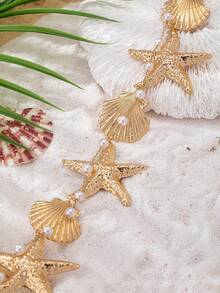 1pc Fashion Starfish & Shell Faux Pearl Waist Chain, Suitable For Women Beach Resort Wear - Yellow Gold - View 3