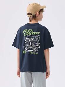 Balabala 男童卡通印花速干透气T恤，夏季服装 - 深藍 - 查看 3