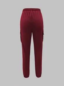 Pantalón cargo con bolsillo y cordón de ajuste en la cintura, color liso, casual y versátil - Burdeos - Ver 4