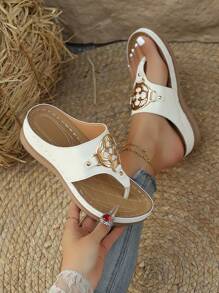 1 Paar Damen Boho Strass Knopf Plateau Keilsandalen, für Strand, Zuhause, Büro, Frühling/Sommer