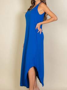 Women's Elegant Sleeveless V-Neck Knitted Fabric Long Dress With Asymmetrical Hem And Split Thigh Casual Loose Fit - 皇家 - 查看 5