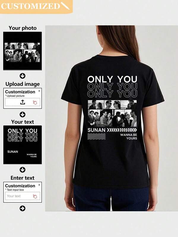 Camiseta personalizada para mujer con tu propia foto y texto diseñado impreso en la parte trasera, convirtiéndolo en un regalo personalizado para tu esposa o novia.
