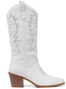 New Women Western Cowgirl Boots, Pointed Toe Embroidered Thick Heel Mid-Calf Fashion Boots White Boots For Women