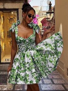 Abito corto da donna, stile vacanza, vestito attillato con stampa floreale e fiocco in vita, schiena scoperta e spalline sottili, abito elegante e vintage, vestito da cerimonia, ballo, festa e sera, nuovo abito casual per primavera, estate e autunno