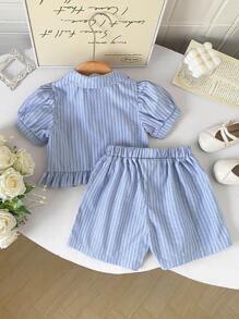 2 Pieces Girls Casual Outfit, College Style Short Blue Striped Shirt And Skort Set