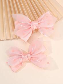 2pcs Pink Mesh Hair Bows For Girls Flower Pattern Ribbon Bow Hair Clips Sweet Princess Alligator Clips Hairpins Daily Barrettes Kids Baby Hair Accessories - Pink - View 3