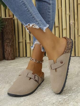 Women's Solid Color Casual Street Style Buckle Slide Sandals, Thick Soft Wood Grain Slip On Closed Toe House Slippers For Outdoor, All Season