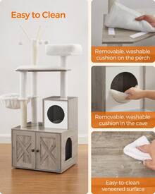 Feandrea Cat Tree With Litter Box Enclosure, 2-In-1 Modern Cat Tower, 55.1-Inch Cat Condo With Scratching Posts, Removable Pompom Sticks, Greige - Grey - View 6