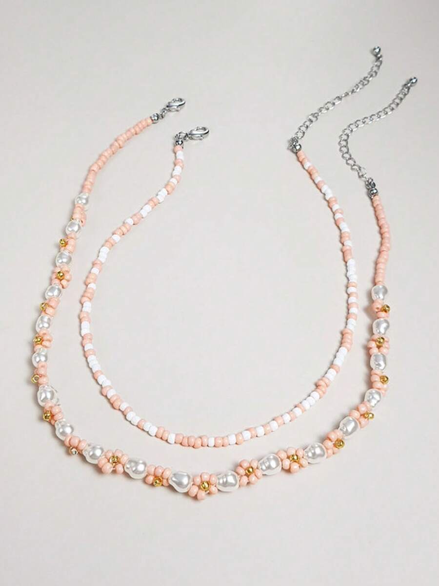 2pcs Bohemian Stylish Cute Beaded Pearl Handmade Floral Necklace Set For Women, Casual Vacation Daily Versatile - Pink - View 1