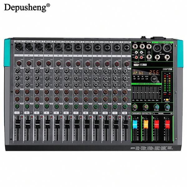 DEPUSHENG Depusheng PA12 - Mezclador de audio de 12 canales, consola de mezclas, controlador de sonido con USB y Bluetooth, alimentación de 48 V para profesionales y principiantes