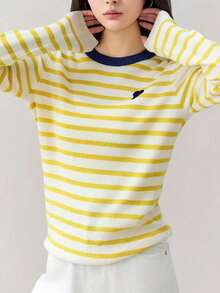 Vintage amerikanischer Stil gestreiftes Rundhals Bluse mit Aufdruck, elegante vielseitige Frühling Damen Tops - Gelb - Übersicht 5