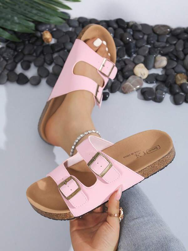 Sandalias tipo slip-on de verano, diseño con doble hebilla, zapatos tipo mule