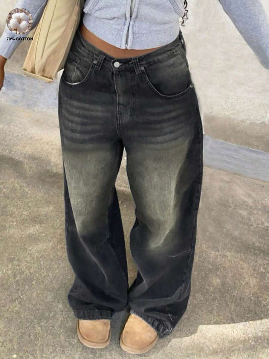 MYOURSA Y2K 高腰宽松阔腿水洗复古牛仔裤，女士休闲街头风，黑色