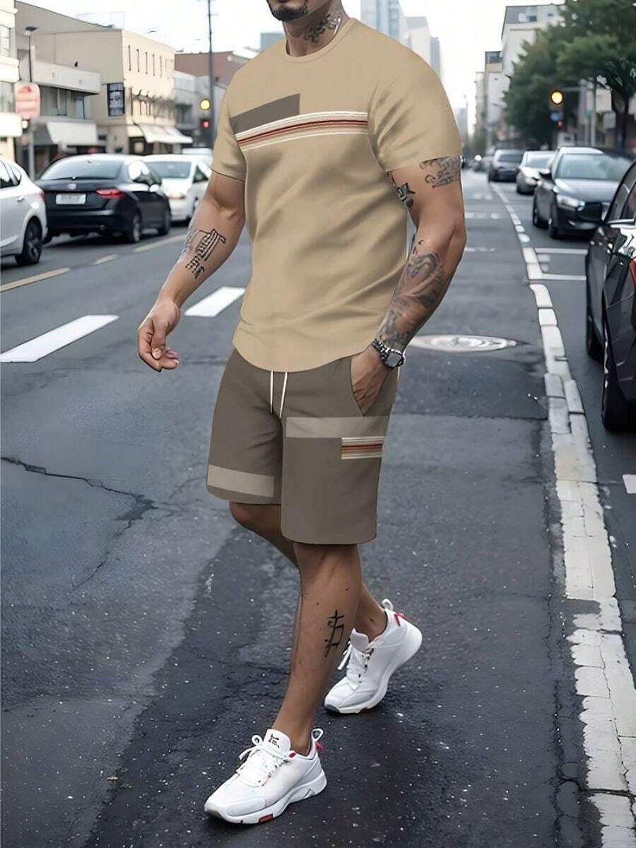 Camiseta de verano para hombre Dos piezas Camiseta de manga corta con cuello redondo y pantalón corto con cordón y bolsillos, estilo callejero, básicos de moda