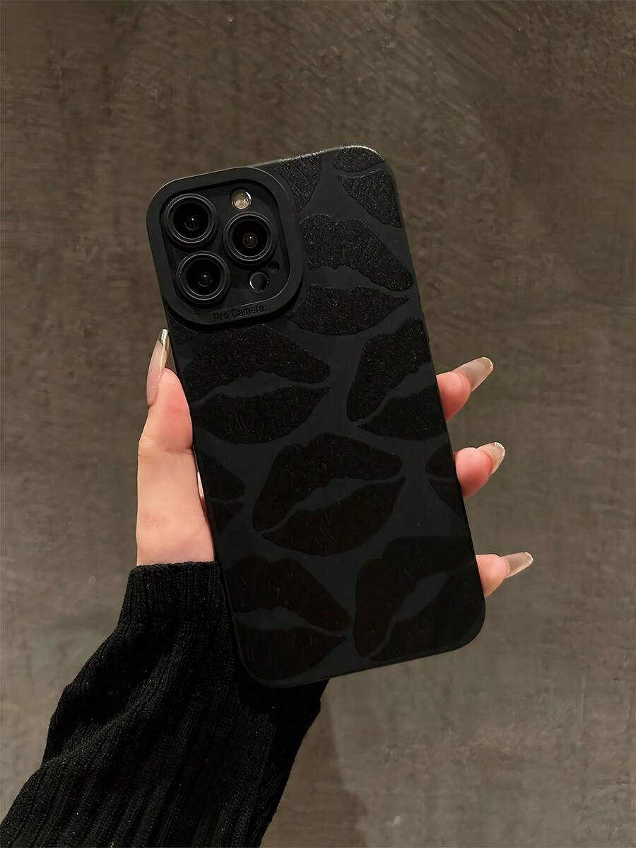 1pc Black Sexy Lips Graphic Full Coverage TPU Shockproof Phone Case Compatible With IPhone 16, 15, 14, 13, 12, 11 Pro Max, Series - Multicolor - View 1