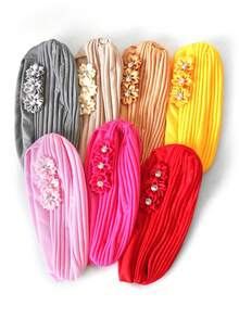 1pc Vintage Women's Solid Rhinestone Flower Casual Bandana Hair Wrap Hat, Versatile Watermelon Hat Hair Sleep Cap Sleep Bonnet,Beach,Travel - Multicolor - View 4