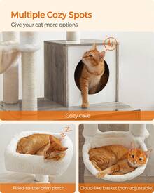 Feandrea Cat Tree With Litter Box Enclosure, 2-In-1 Modern Cat Tower, 55.1-Inch Cat Condo With Scratching Posts, Removable Pompom Sticks, Greige - Grey - View 8