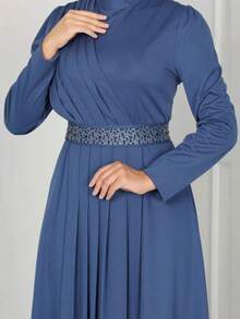 GDfashion 女士藏蓝色褶皱长款连衣裙，饰有腰带，伊斯兰正式长袖长袍，春季款 - 藍色 - 查看 7