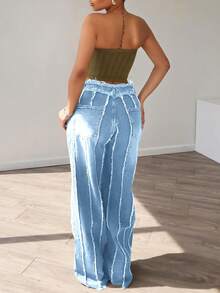 Jeans de pierna ancha con lavado vintage y deshilachados, jeans de cintura media con decoración de costuras deshilachadas y bolsillos, casual para primavera - Celeste - Ver 2