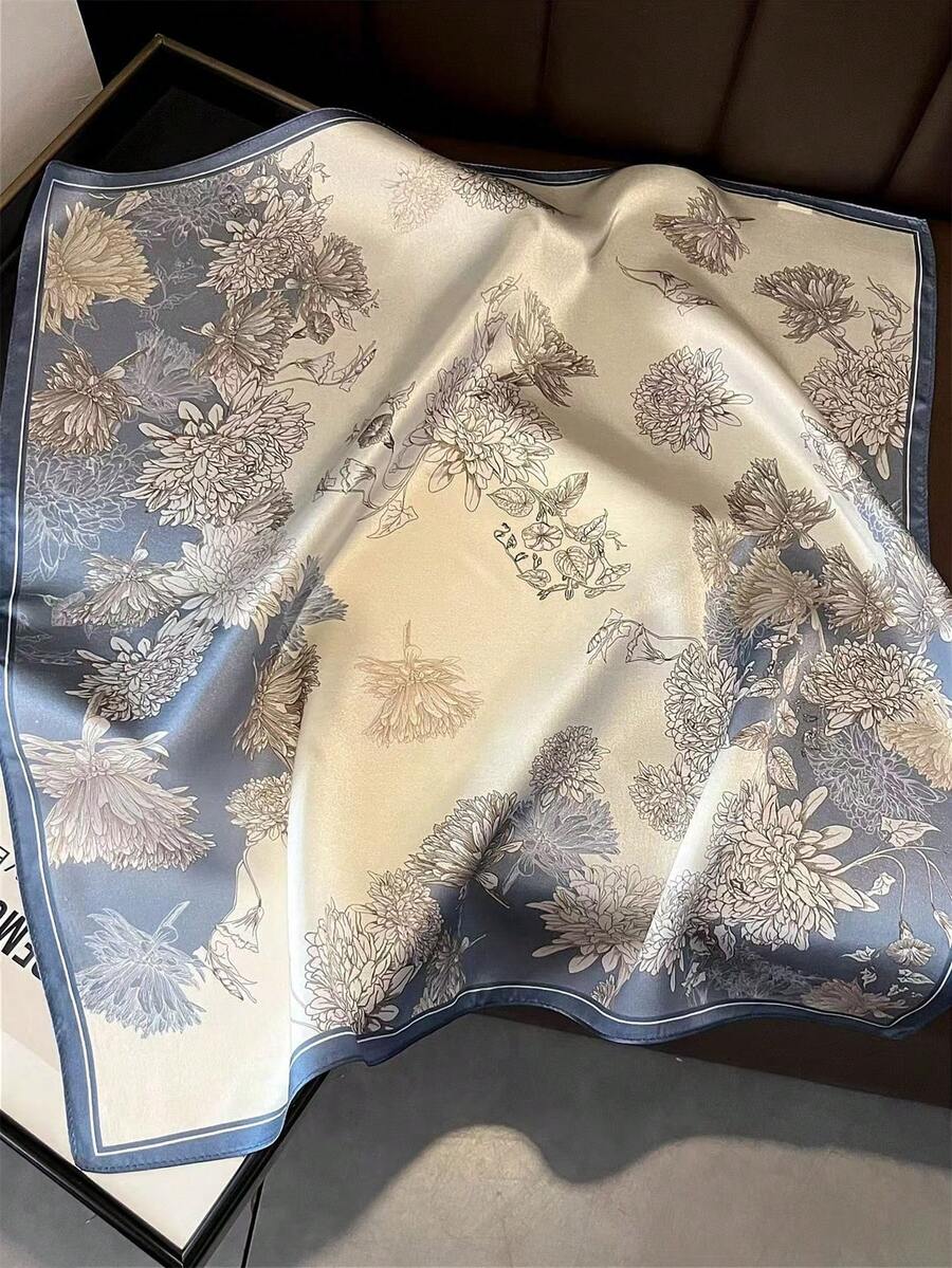 1pc Women's Square Scarf With Floral Print, 70cm Small Shawl Neck Warmer, Suitable For Daily Wear, Spring/Summer For Dress - Blue - View 1